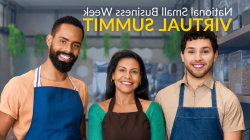 Image of three smiling small business owners in aprons representing the diverse entrepreneurship community, promoting National Small Business Week Virtual Summit, from April 30 to May 1, 2024, with SBA and SCORE logos